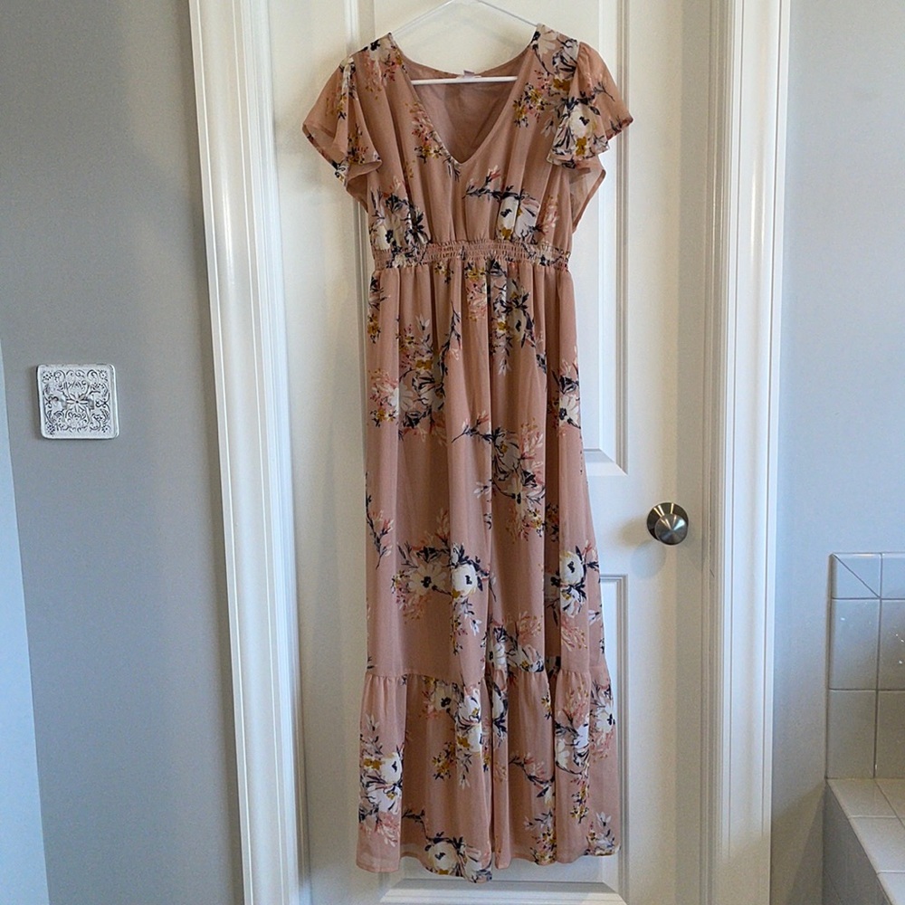 Isabel Women's Maternity Maxi Dress Short Sleeve Pink Floral Print Size medium